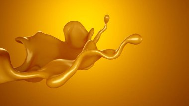Sarı arka planda altın karamel sıçraması. 3d görüntüleme, 3d illüstrasyon.