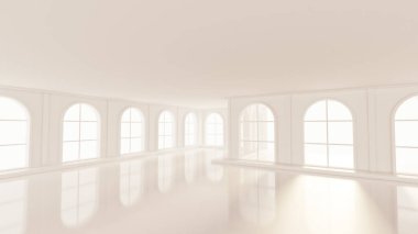 Pencereleri olan lüks, beyaz bir iç mekan. 3d görüntüleme, 3d illüstrasyon.