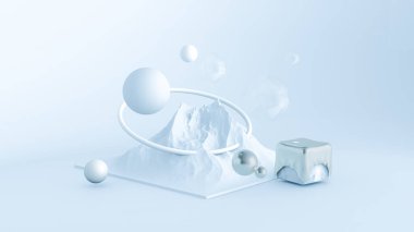 Nesnelerle açık mavi minimalizm arka planı. 3d görüntüleme, 3d illüstrasyon.