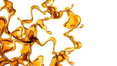 Beyaz arka planda şeffaf turuncu sıvı sıçramış. 3d görüntüleme, 3d illüstrasyon.