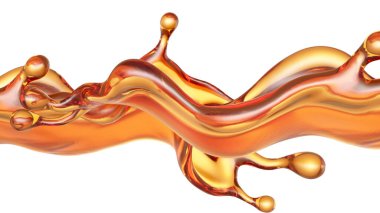 Beyaz arka planda şeffaf turuncu sıvı sıçramış. 3d görüntüleme, 3d illüstrasyon.