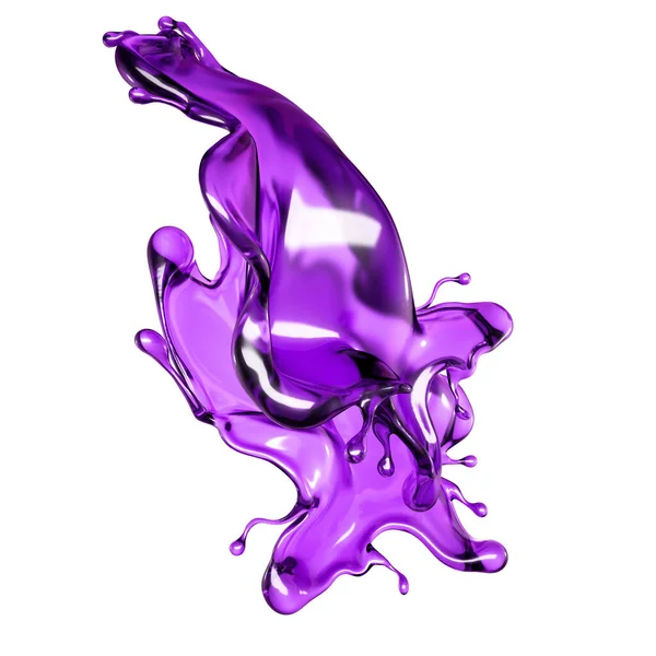 在白色背景上的紫色透明液体的飞溅 3D渲染 3D说明 — 图库照片