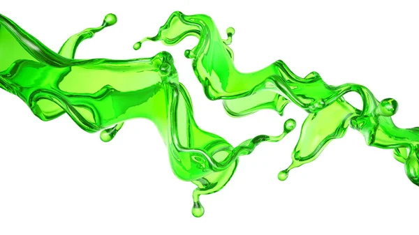 Splash Líquido Transparente Uma Cor Verde Fundo Branco Renderização Ilustração — Fotografia de Stock