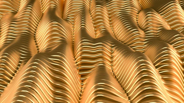 波と線で金の金属の背景 3Dレンダリング 3Dイラスト — ストック写真