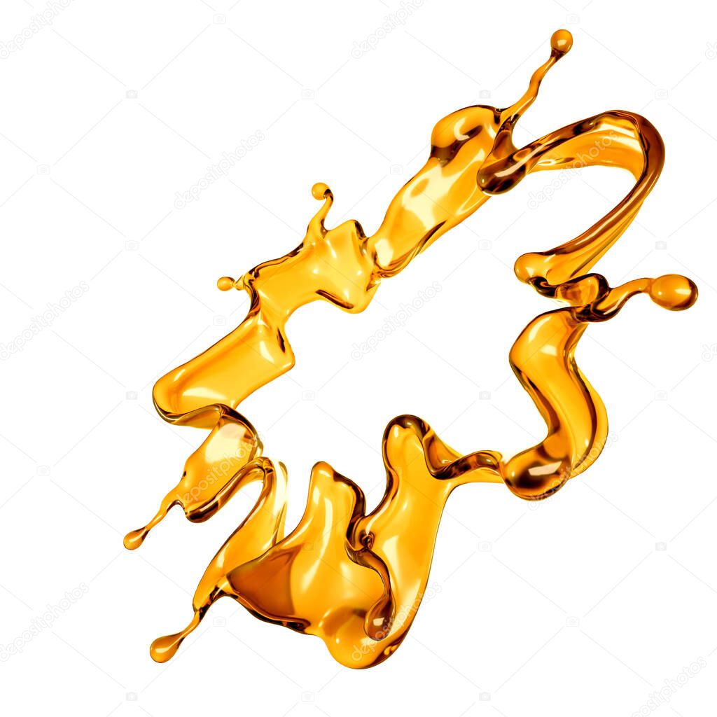 Splash of a transparent orange liquid on a white background. 3d rendering, 3d illustration.
