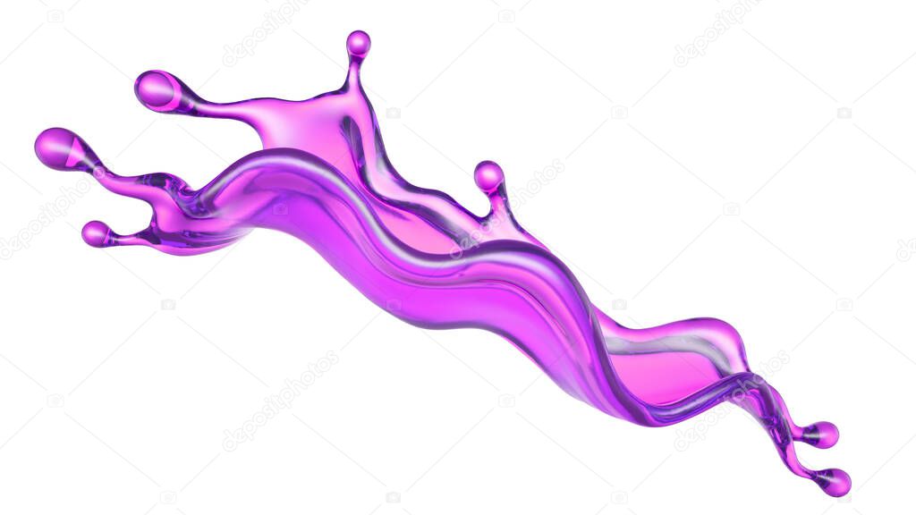 A splash of transparent purple liquid on a white background. 3d rendering, 3d illustration.