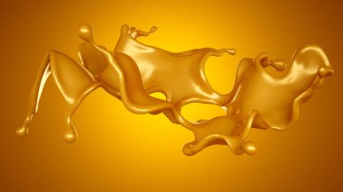 Sarı arka planda altın karamel sıçraması. 3d görüntüleme, 3d illüstrasyon.