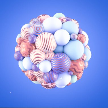 Neşeli, pozitif, parlak, topları olan pastel bir arka plan. 3d görüntüleme, 3d illüstrasyon.