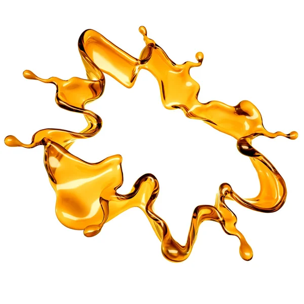 Beyaz arka planda şeffaf turuncu sıvı sıçramış. 3d görüntüleme, 3d illüstrasyon.