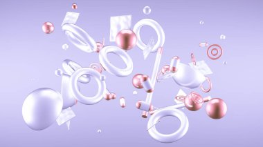 Mor soyut minimalizm, uçan nesneler ve şekillerle. 3d görüntüleme, 3d illüstrasyon.