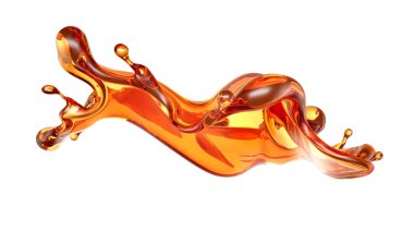 Beyaz arka planda şeffaf turuncu sıvı sıçramış. 3d görüntüleme, 3d illüstrasyon.