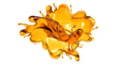 Beyaz arka planda şeffaf turuncu sıvı sıçramış. 3d görüntüleme, 3d illüstrasyon.