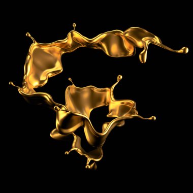 Şatafatlı altın bir sıvı sıçraması. 3d görüntüleme, 3d illüstrasyon.