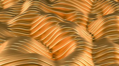 Dalgalar ve çizgilerle altın metal arka plan. 3d görüntüleme, 3d illüstrasyon.
