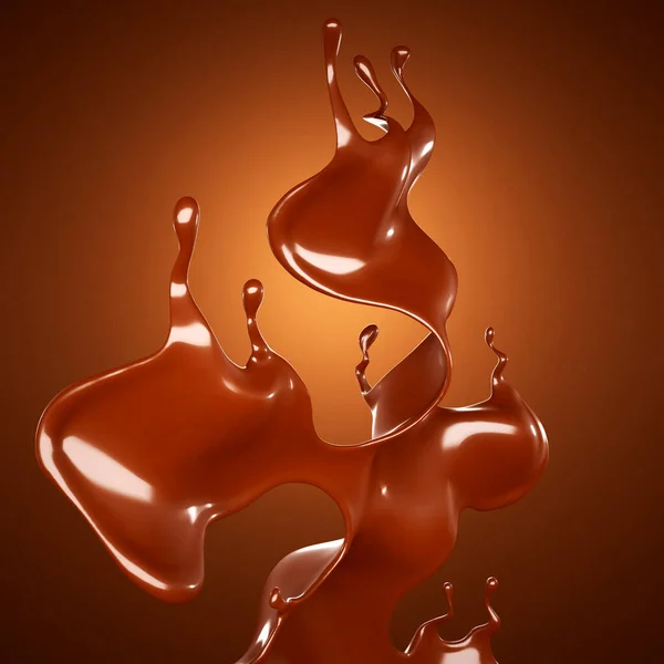 一个漂亮的巧克力溅在棕色的背景上 3D渲染 3D说明 — 图库照片