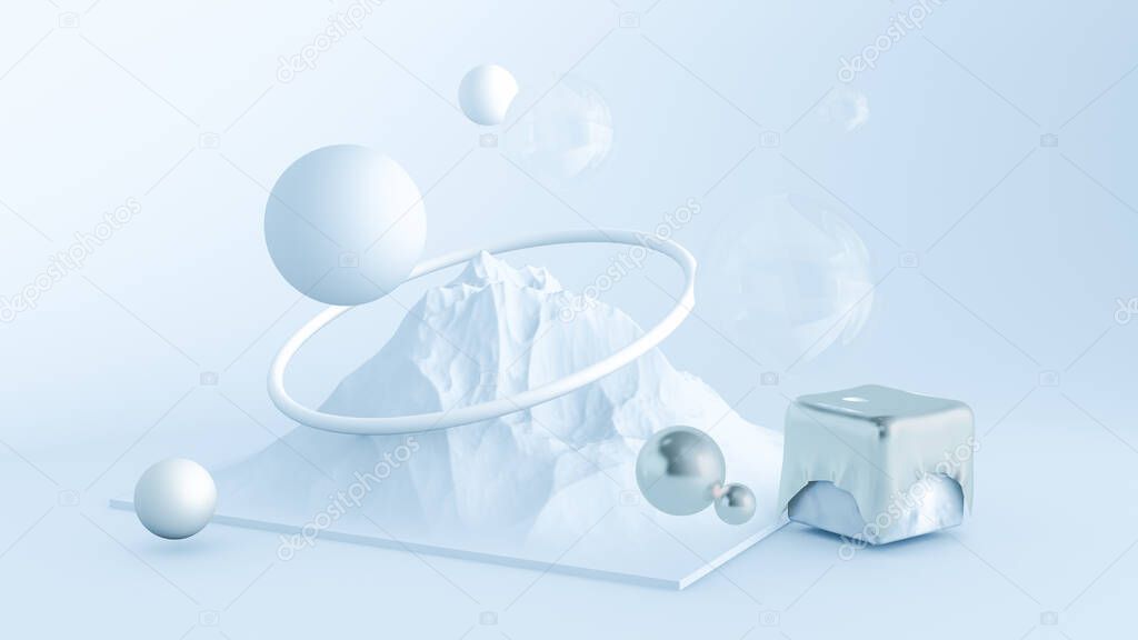 Light blue minimalism background with objects. 3d rendering, 3d illustration.