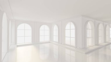 Pencereleri olan lüks, beyaz bir iç mekan. 3d görüntüleme, 3d illüstrasyon.