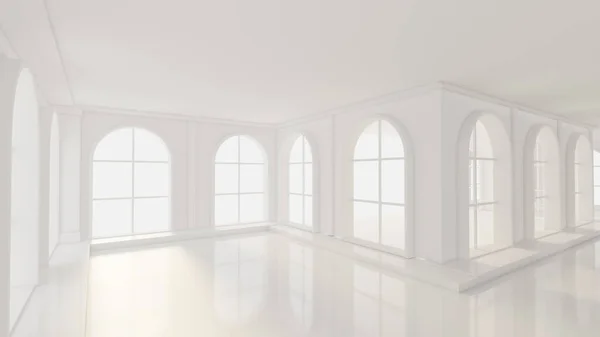 Luxurious white empty interior with windows. 3d rendering, 3d illustration.
