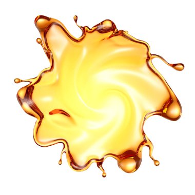 Beyaz arka planda şeffaf turuncu sıvı sıçramış. 3d görüntüleme, 3d illüstrasyon.