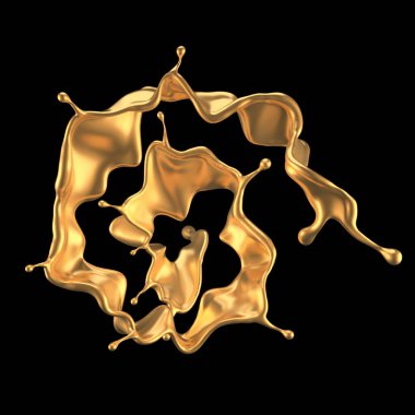 Şatafatlı altın bir sıvı sıçraması. 3d görüntüleme, 3d illüstrasyon.