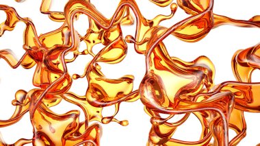 Beyaz arka planda şeffaf turuncu sıvı sıçramış. 3d görüntüleme, 3d illüstrasyon.