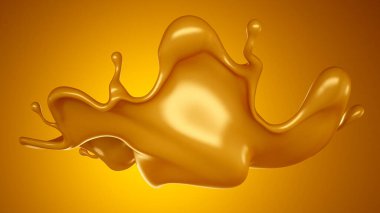 Sarı arka planda altın karamel sıçraması. 3d görüntüleme, 3d illüstrasyon.