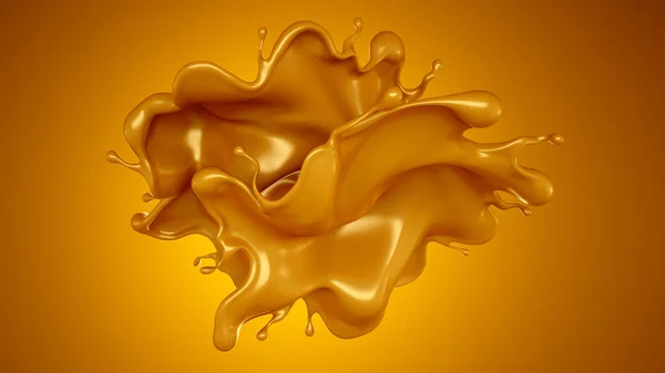 Golden splash of caramel on a yellow background. 3d rendering, 3d illustration.