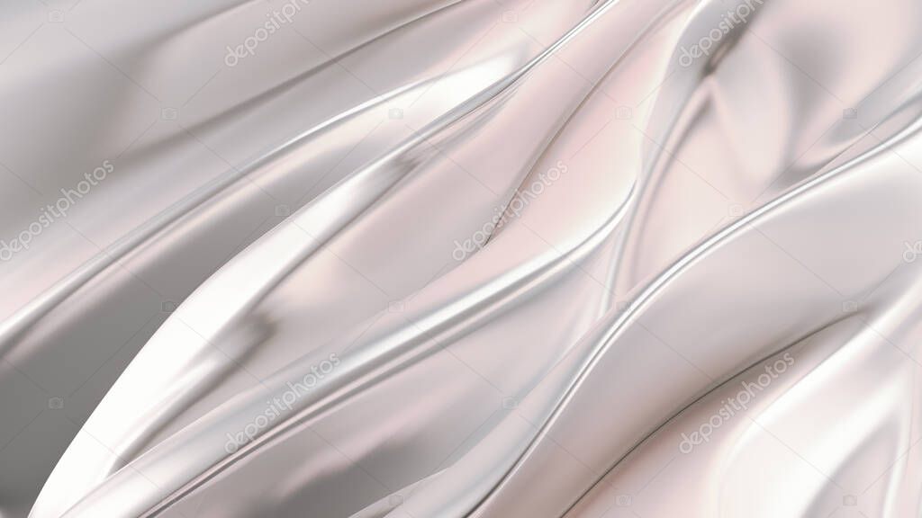 Luxurious silver background with satin drapery. 3d rendering, 3d illustration.