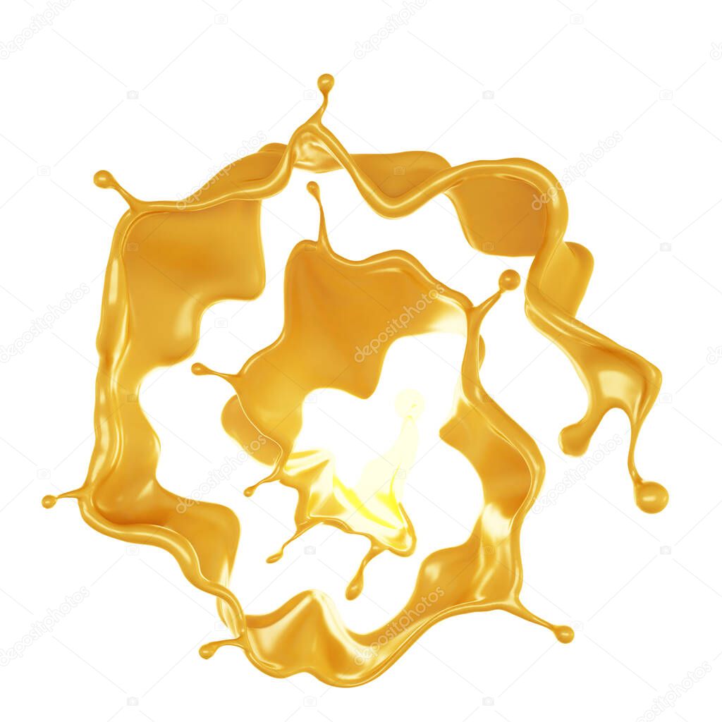 Golden yellow splash of caramel. 3d rendering, 3d illustration.