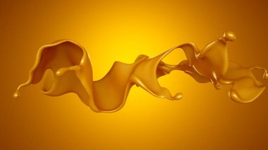 Sarı arka planda altın karamel sıçraması. 3d görüntüleme, 3d illüstrasyon.