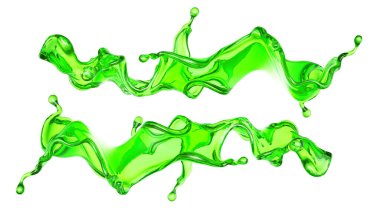 Beyaz arka planda yeşil rengin şeffaf sıvısı. 3d görüntüleme, 3d illüstrasyon.