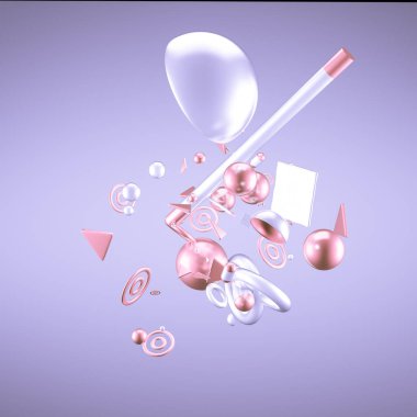 Mor soyut minimalizm, uçan nesneler ve şekillerle. 3d görüntüleme, 3d illüstrasyon.