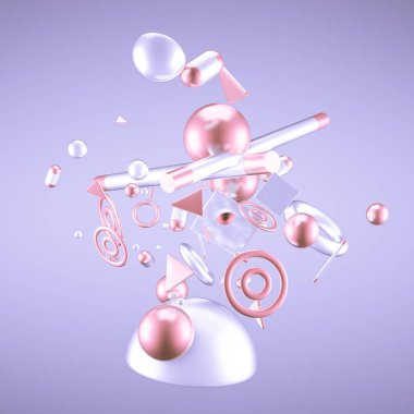 Mor soyut minimalizm, uçan nesneler ve şekillerle. 3d görüntüleme, 3d illüstrasyon.