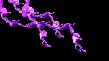 Mor sıçrama sıvısı siyah arka plan. 3d görüntüleme, 3d illüstrasyon.