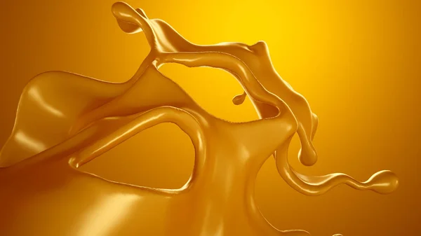 Golden splash of caramel on a yellow background. 3d rendering, 3d illustration.