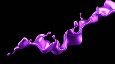 Mor sıçrama sıvısı siyah arka plan. 3d görüntüleme, 3d illüstrasyon.