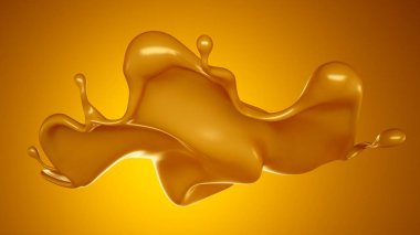Sarı arka planda altın karamel sıçraması. 3d görüntüleme, 3d illüstrasyon.