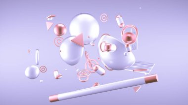 Mor soyut minimalizm, uçan nesneler ve şekillerle. 3d görüntüleme, 3d illüstrasyon.