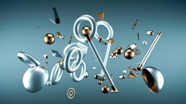 Uçan nesneler ve şekillerle soyut minimalizm arka planı. 3d görüntüleme, 3d illüstrasyon.