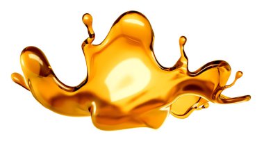 Beyaz arka planda şeffaf turuncu sıvı sıçramış. 3d görüntüleme, 3d illüstrasyon.