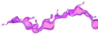 Beyaz arka planda şeffaf mor bir sıvı sıçraması. 3d görüntüleme, 3d illüstrasyon.