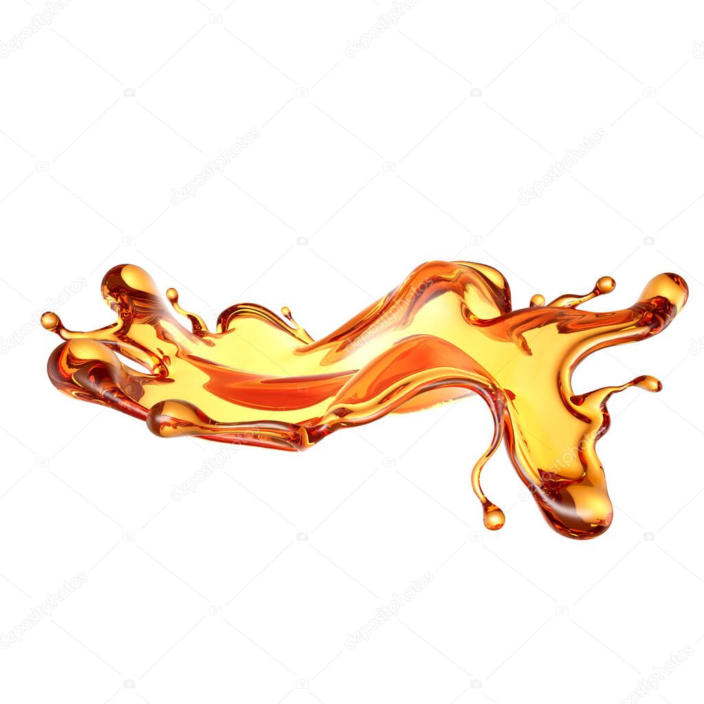 Splash of a transparent orange liquid on a white background. 3d rendering, 3d illustration.