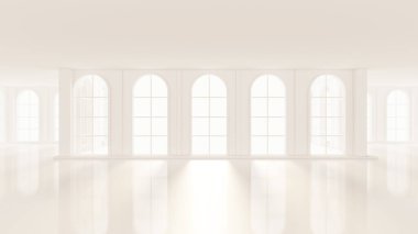 Pencereleri olan lüks, beyaz bir iç mekan. 3d görüntüleme, 3d illüstrasyon.