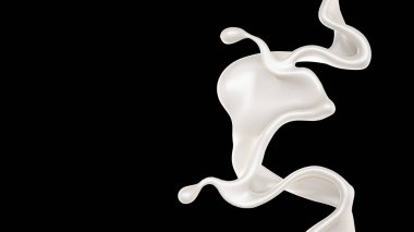 Siyah arka planda bir damla süt. 3d görüntüleme, 3d illüstrasyon.