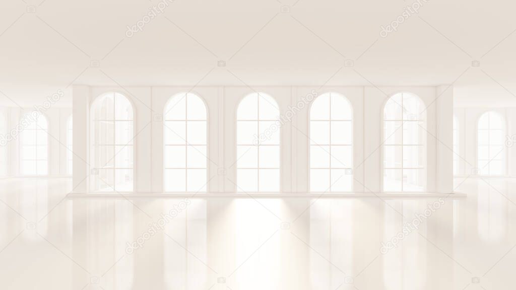 Luxurious white empty interior with windows. 3d rendering, 3d illustration.