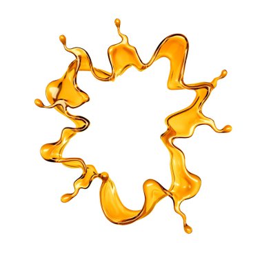 Beyaz arka planda şeffaf turuncu sıvı sıçramış. 3d görüntüleme, 3d illüstrasyon.