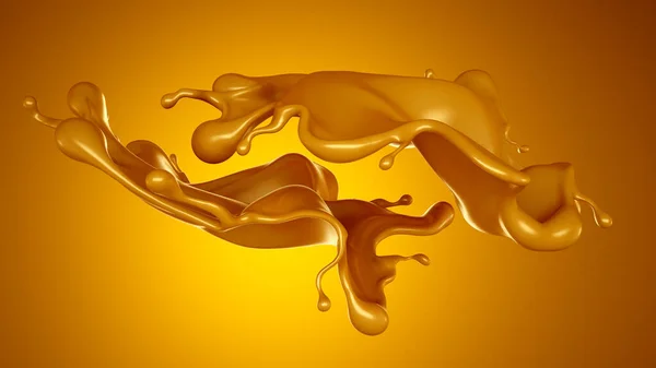 Salpicadura Dorada Caramelo Sobre Fondo Amarillo Representación Ilustración — Foto de Stock