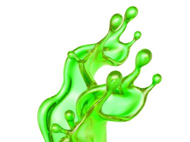Beyaz arka planda şeffaf yeşil bir sıvı sıçraması. 3d görüntüleme, 3d illüstrasyon.