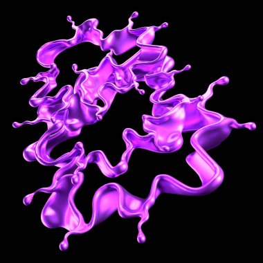 Mor sıçrama sıvısı siyah arka plan. 3d görüntüleme, 3d illüstrasyon.