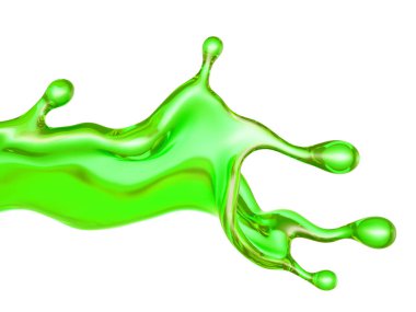 Beyaz arka planda şeffaf yeşil bir sıvı sıçraması. 3d görüntüleme, 3d illüstrasyon.